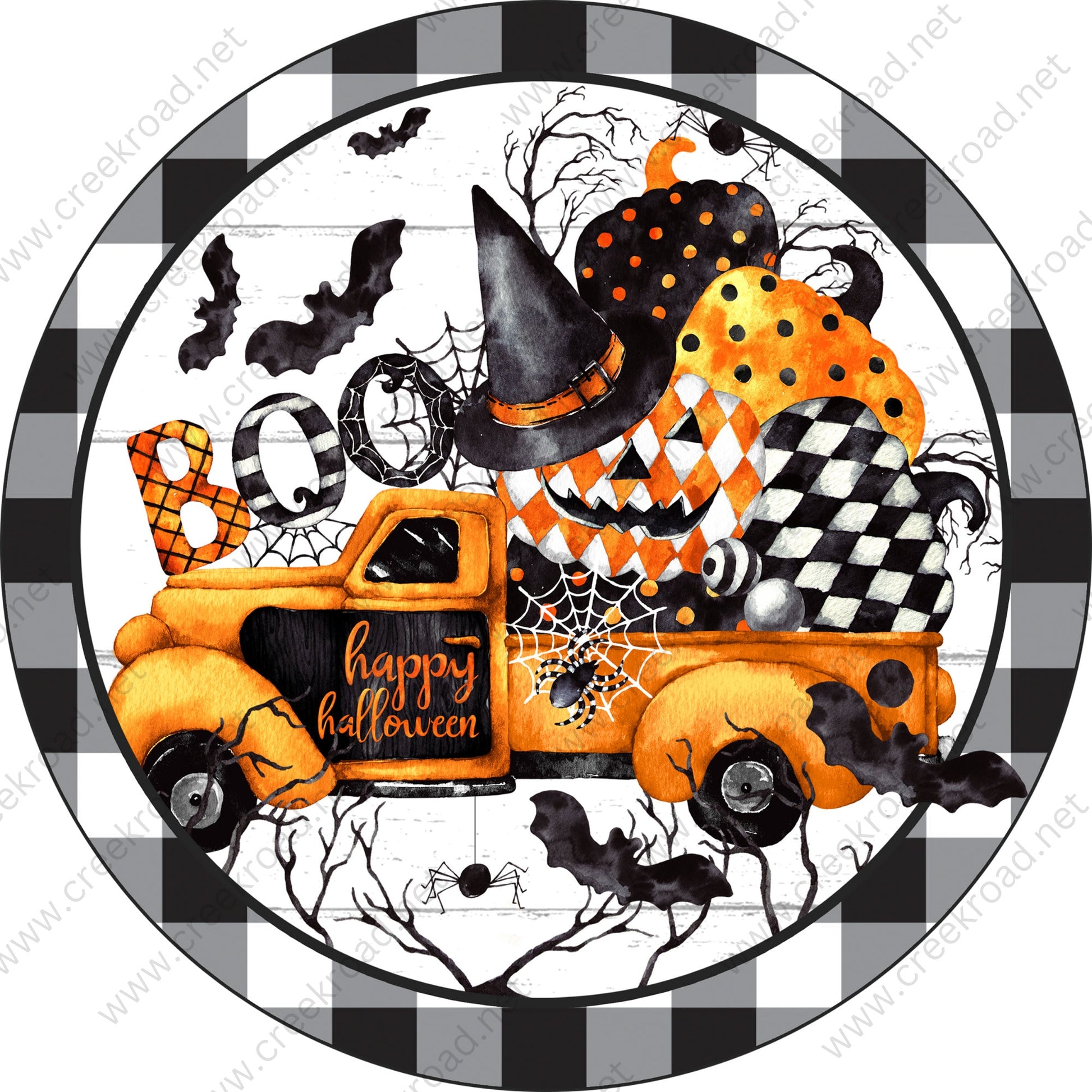 Happy Halloween Boo Truck Loaded with Pumpkins Bats Webs Spiders Black White Gingham Halloween Sign -Sublimation - Wreath Sign - Metal Sign