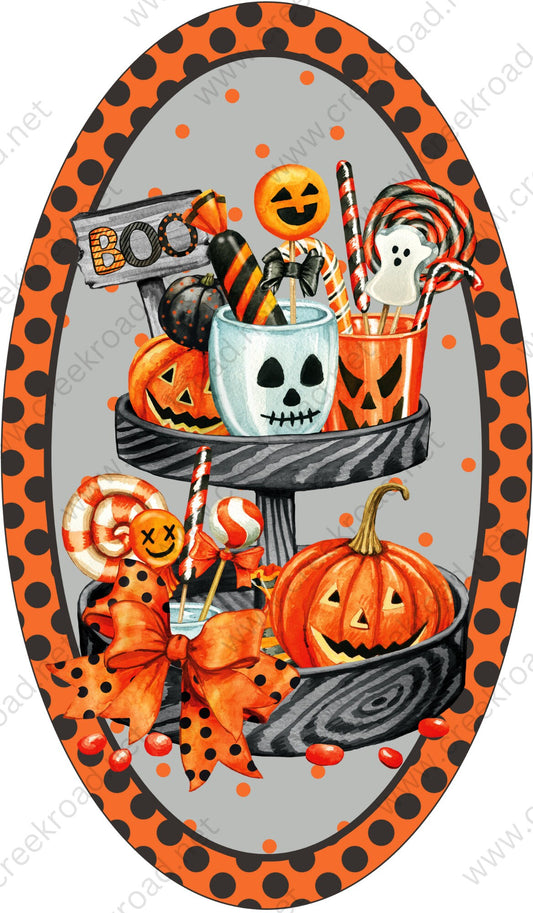 Boo Halloween Stacked Tray Pumpkins Candy Treats Gray Background Halloween Sign -Oval 7" x 12" - Sublimation - Wreath Sign - Metal Sign