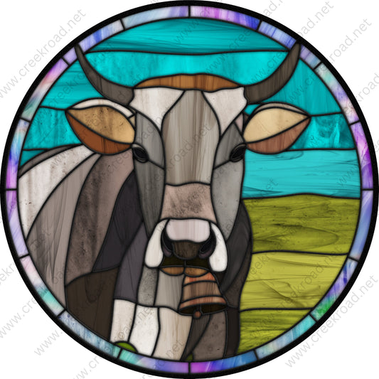 Roaming Cattle with a Cowbell Faux Stained Glass Wreath Sign -Everyday - Wreath Sign - Sublimation Sign - Wreath Attachment