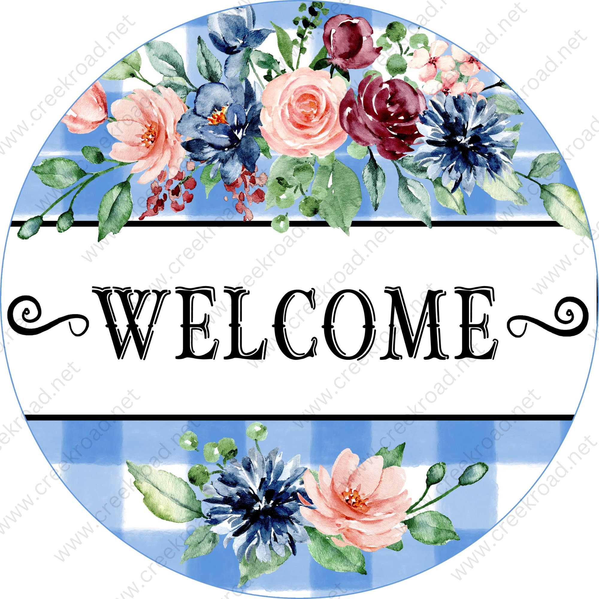 Welcome on blue white checkered with Florals Sign -Round - Spring Blue ...
