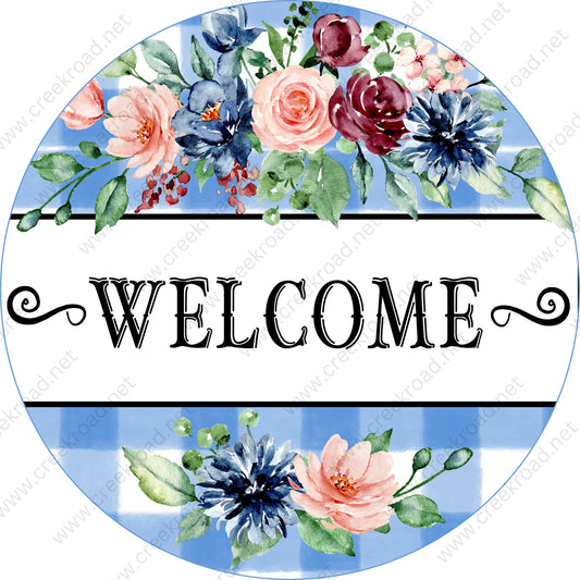 Welcome on blue white checkered with Florals Sign -Round - Spring Blue Sublimation - Wreath Sign - Metal Sign