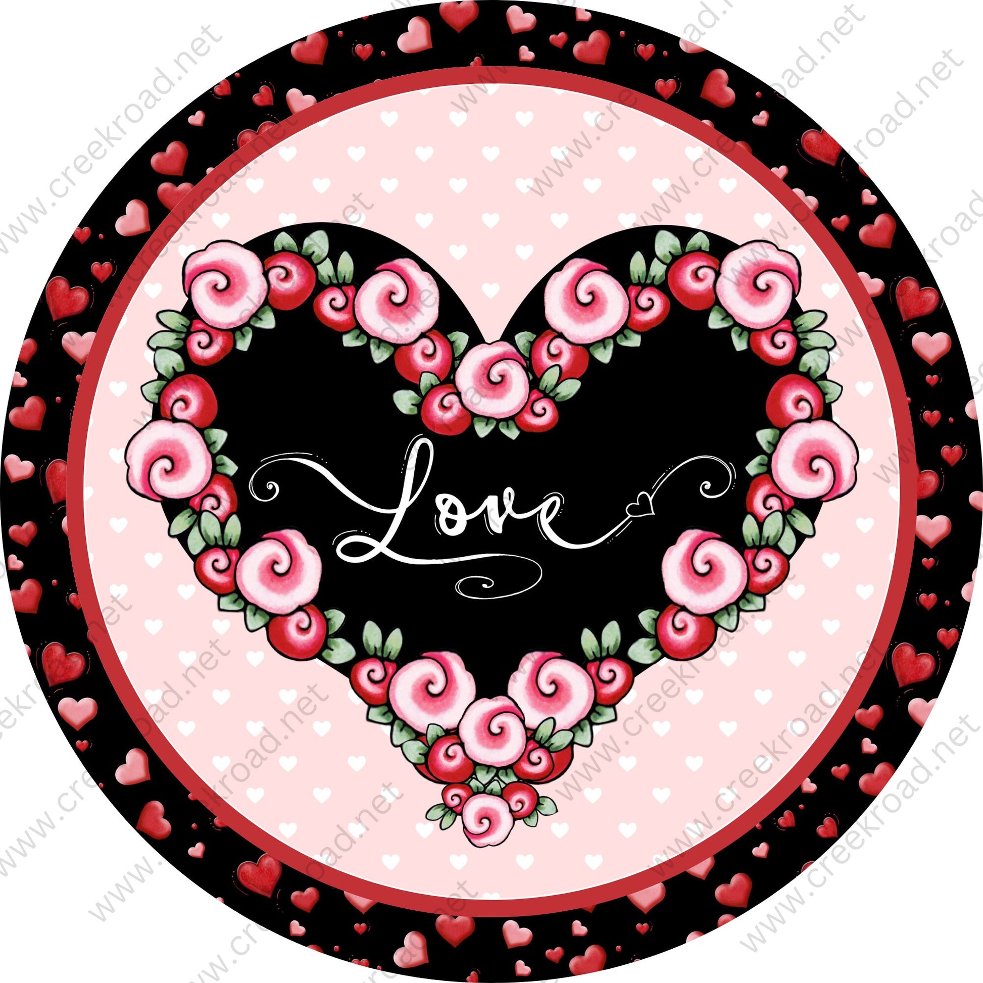 Love Heart of Roses Valentine Sign-Black with Red Pink Hearts Border Valentines-Valentines Sign-Valentine Wreath Sign