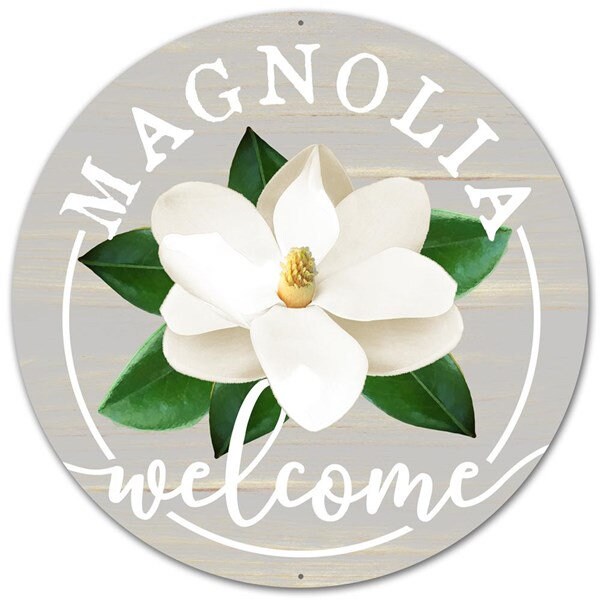 Magnolia Welcome White on Grey Background 12" diameter Metal Sign-Pets - Wreath Sign-Decor-MD0494