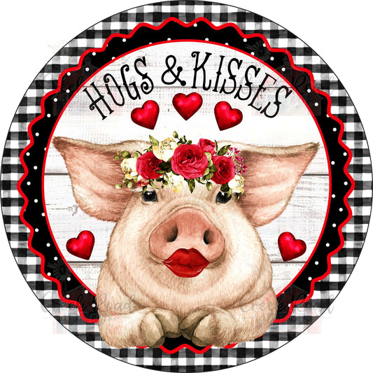 Hogs & Kisses Black White Checkered Valentine Wreath Sign - Valentines Door Decor- Valentines Sign - Valentine Wreath Sign