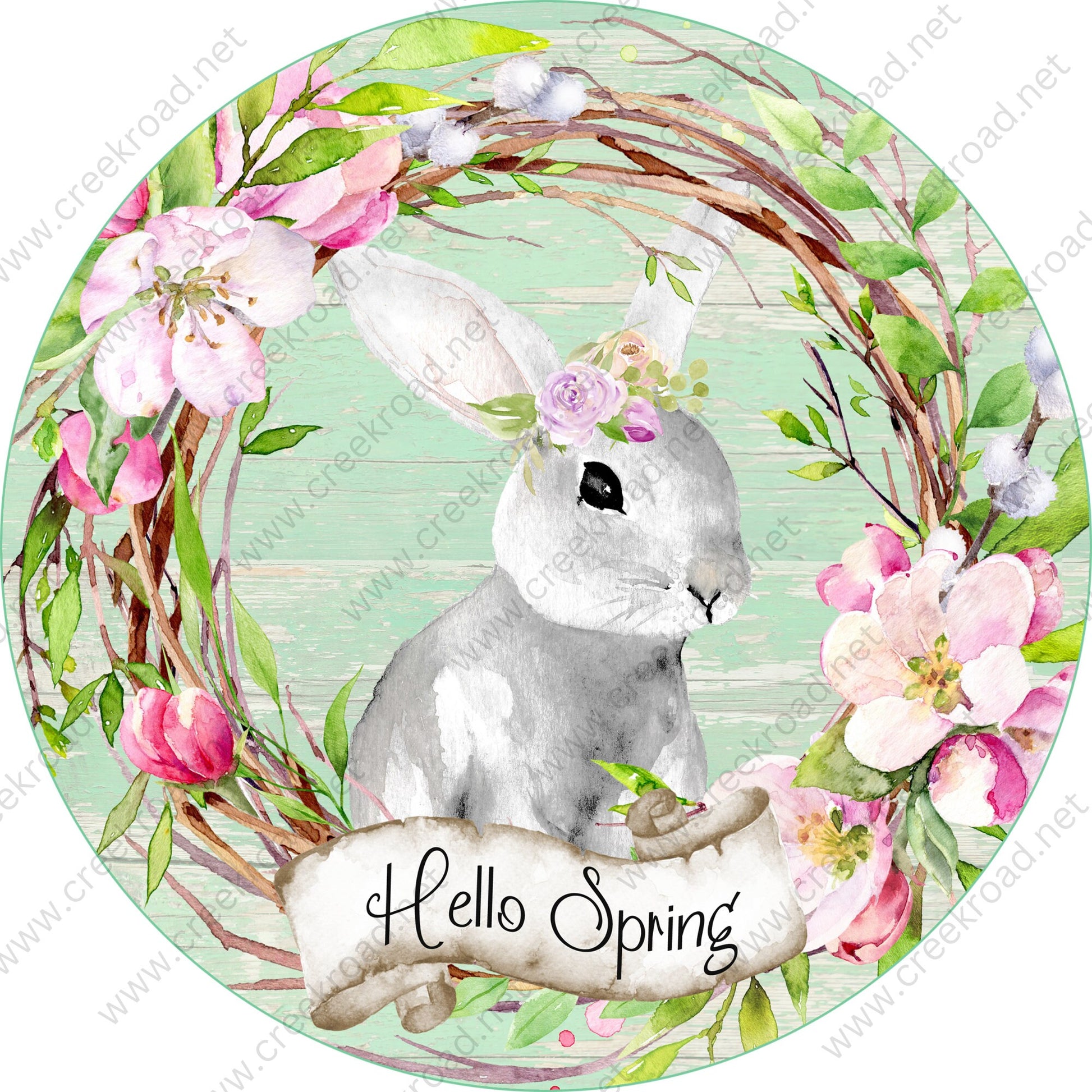 Hello Spring Grey Bunny in Center of Grapvine Wreath with Floral attachments Blank -Easter-Sublimation-Wreath Sign-Attachment