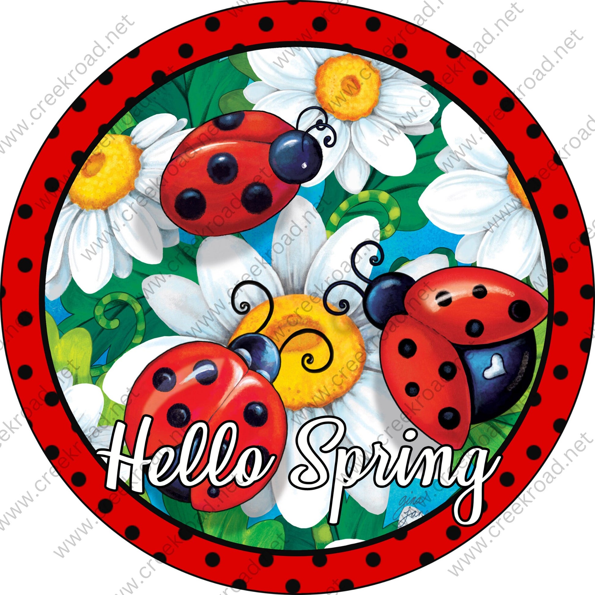 Hello Spring with 3 Lady Bugs meeting on a Daisy Flower with Red Black Polka Dot Border Wreath Sign-Sublimation-Spring-Metal Sign