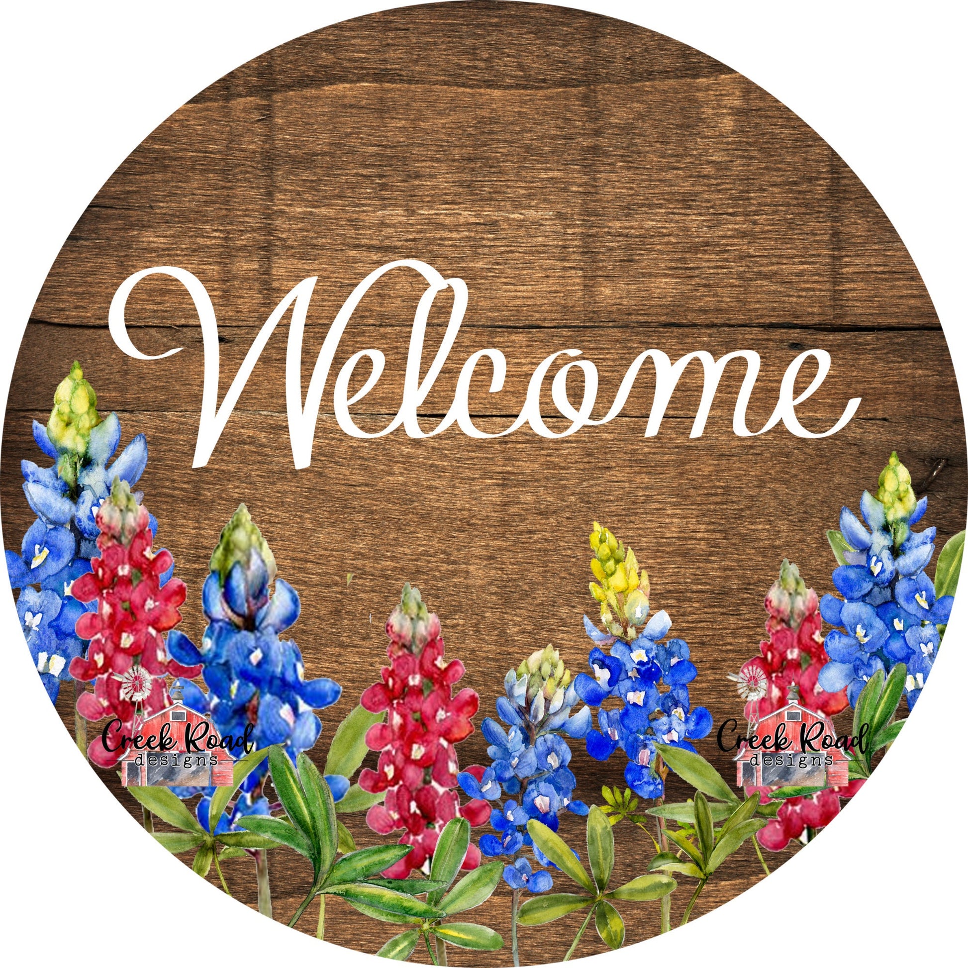 Welcome Bluebonnet on Brown Wood Background Wreath Sign - Sublimation - Spring - Metal Sign