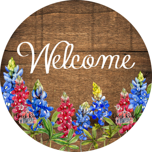 Welcome Bluebonnet on Brown Wood Background Wreath Sign - Sublimation - Spring - Metal Sign