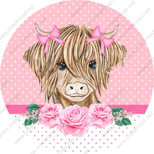 Pinky the Highland Cow with Pink Roses Pink White Polka Dot Background Wreath Sign-Sublimation - Spring-Summer-Metal Sign