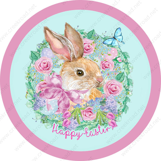 Happy Easter Bunny in Florals With Pink Bow Wreath Sign - Sublimation - Easter- Metal - Sign