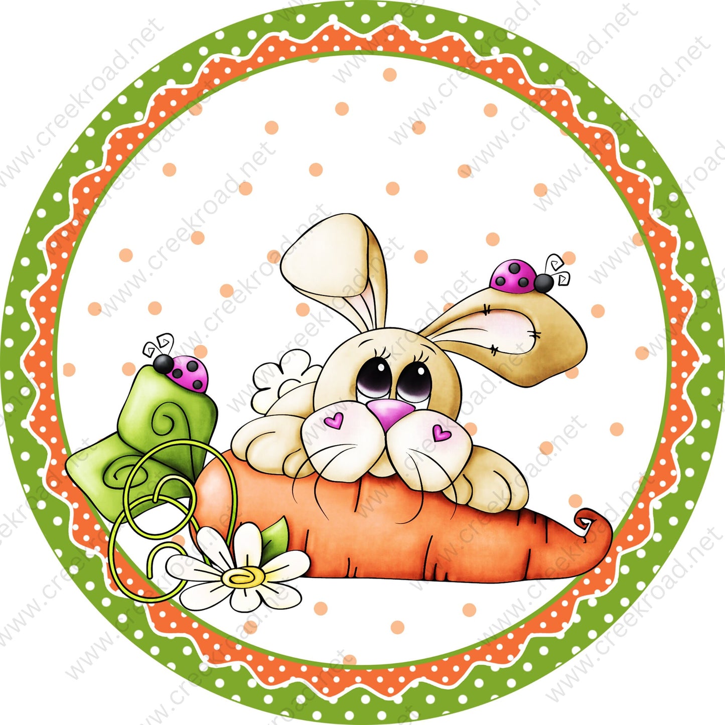 Easter Bunny with Carrot Lady Bugs Green Orange Polka Dot Border Wreath Sign - Customizable BlankSublimation - Easter- Metal - Sign