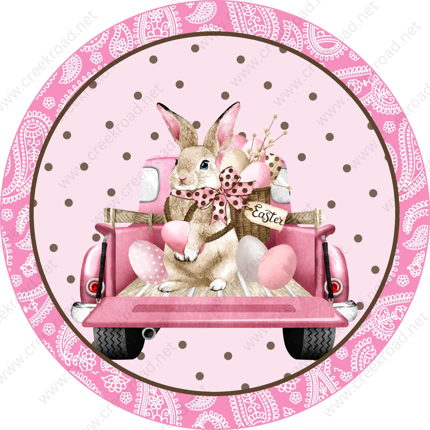 Peter Cottontail in Pink Truck with Easter Eggs Pink Border Brown Dots Wreath Sign - Blank Sublimation - Easter- Metal - Sign