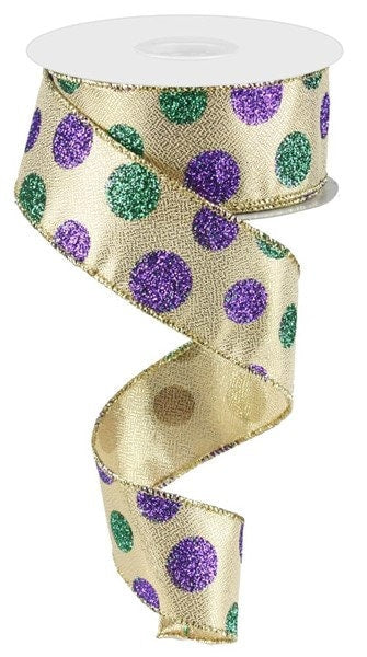 1.5" X 10Yd Wired Ribbon-Multi Size Glitter Dots Ribbon-RG01709WY-Wreaths-Crafts-Decor-Beads Green Purple Gold