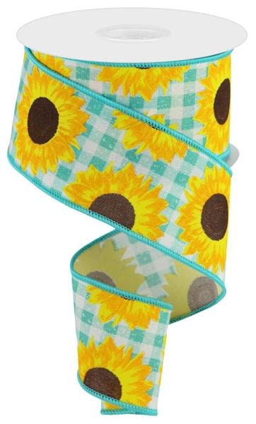 2.5" X 10Yd Wired Ribbon-Sunflower on Faux Royal Ribbon-RGC171234-Light Teal Yellow Orange Brown-Wreaths-Crafts-Decor