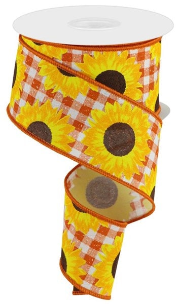 2.5" X 10Yd Wired Ribbon-Sunflower on Faux Royal Ribbon-RGC171274-Rust Yellow Orange Brown-Wreaths-Crafts-Decor