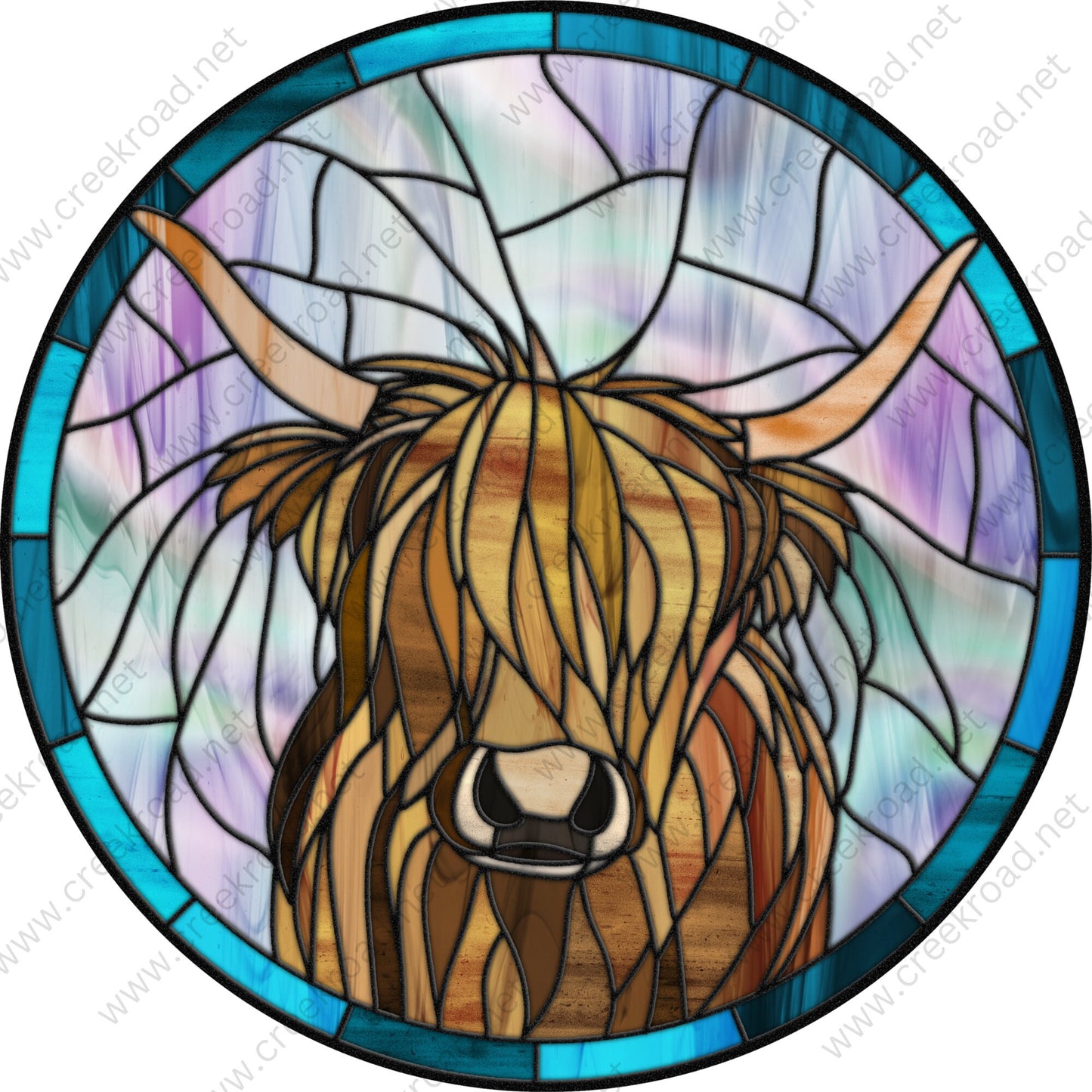 Beastie the Highland Cow Faux Stained Glass Wreath Sign-Teal Lavender Brown-Everyday-Wreath Sign-Sublimation Sign-Wreath Attachment