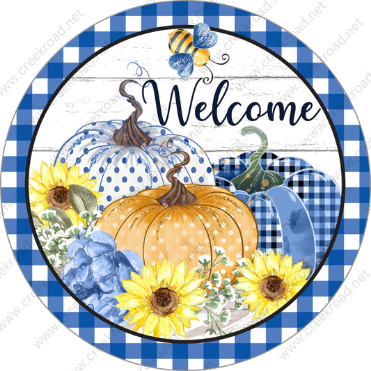 Welcome Blue White Pumpkins Blue White Checkered Border Wreath Sign - Autumn Fall- Wreath Sign - Sublimation Sign - Wreath Attachment