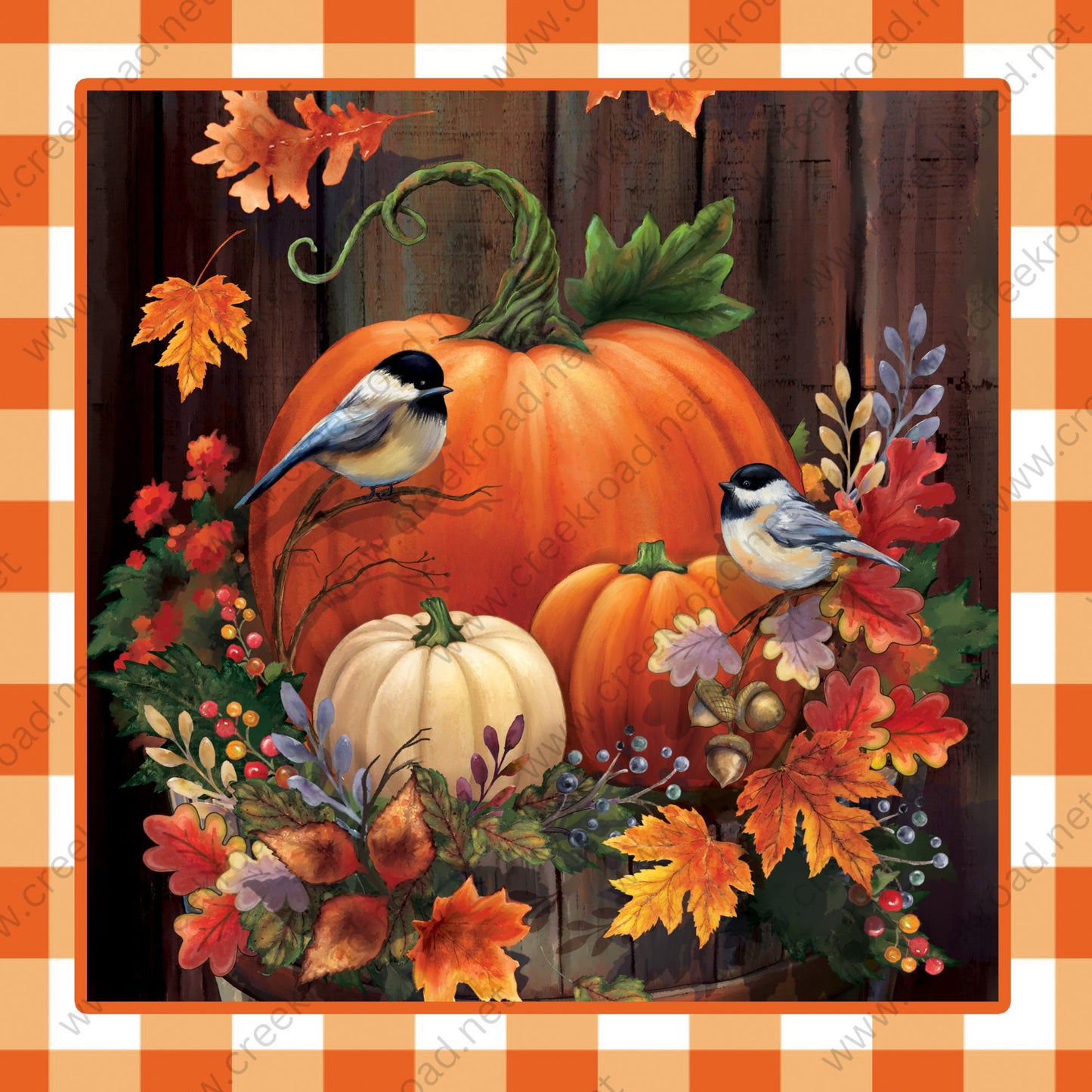 Fall Pumpkins in Floral Bucket with Orange White Checkered Wreath Sign - Autumn Fall- Wreath Sign - Sublimation Sign - Wreath Attachment