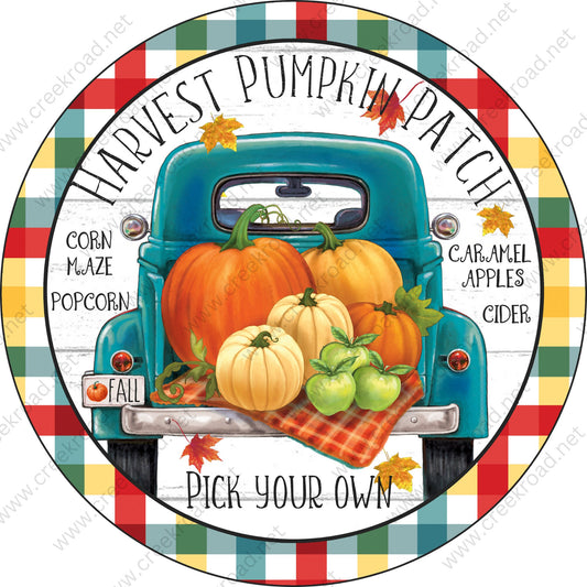 Harvest Pumpkin Patch Teal Truck Red Yellow Teal Border Wreath Sign - Autumn Fall- Wreath Sign - Sublimation Sign - Wreath Attachment