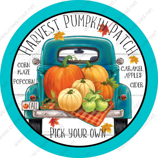 Harvest Pumpkin Patch Teal Truck Solid Teal Border Wreath Sign - Autumn Fall- Wreath Sign - Sublimation Sign - Wreath Attachment