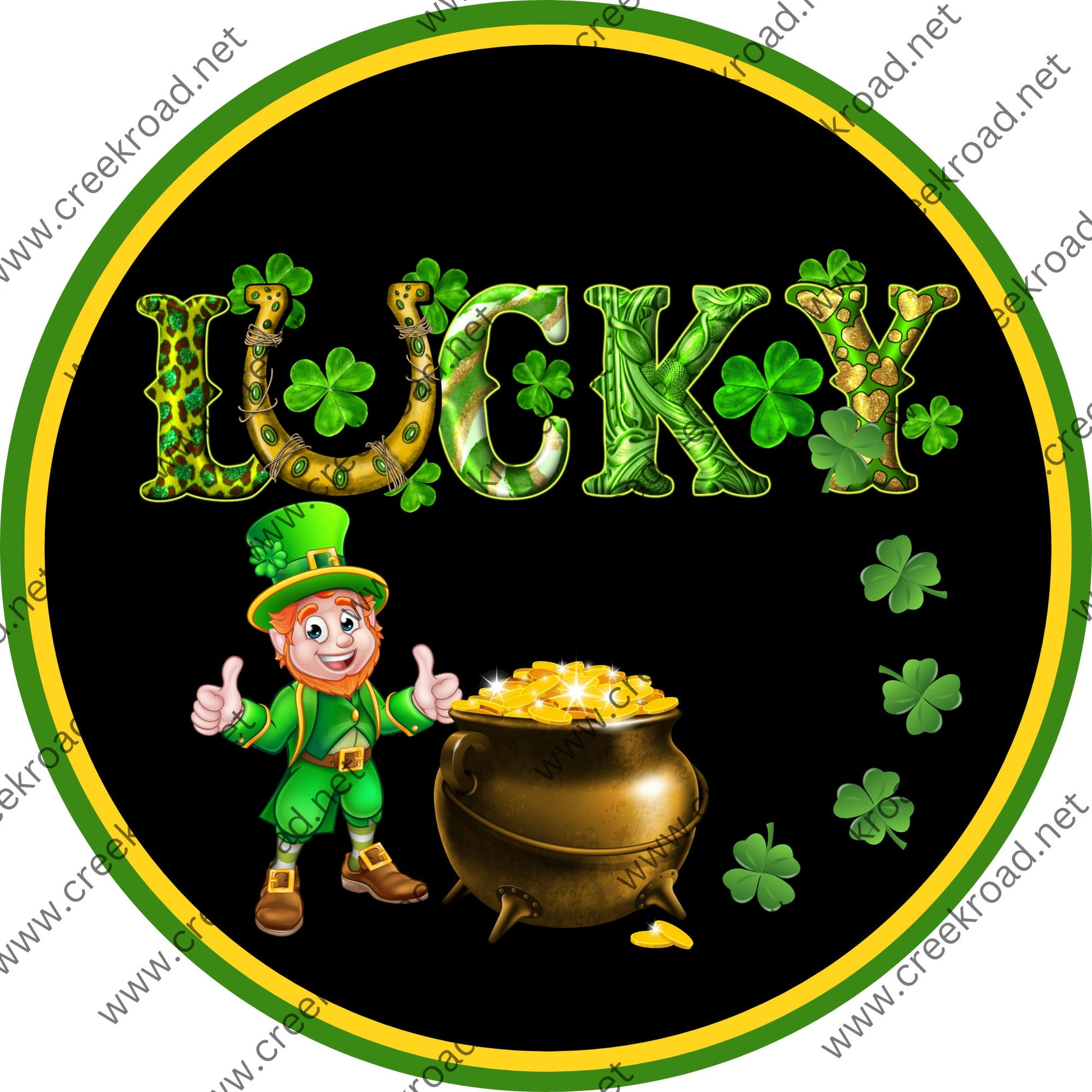 Leprechaun Lucky Pot of Gold Green Gold Border Wreath Sign - St. Patricks- Wreath Sign - Sublimation Sign - Wreath Attachment