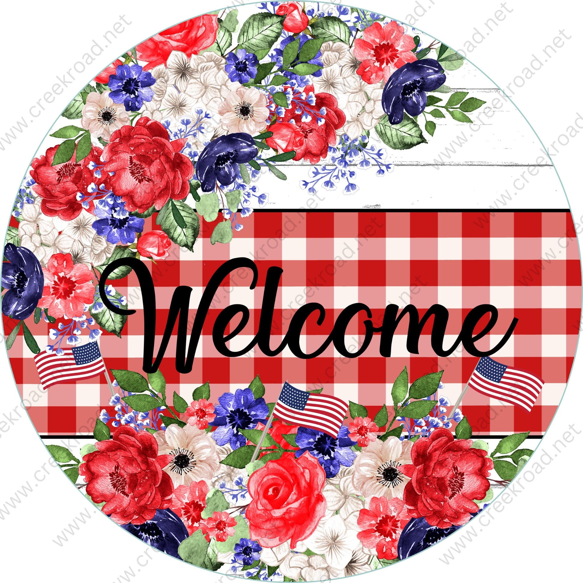 Welcome Red White Blue Flowers American flags on Red White Check Background-Stars Stripes-Wreath Sign-Sublimation Sign-Wreath Attachment