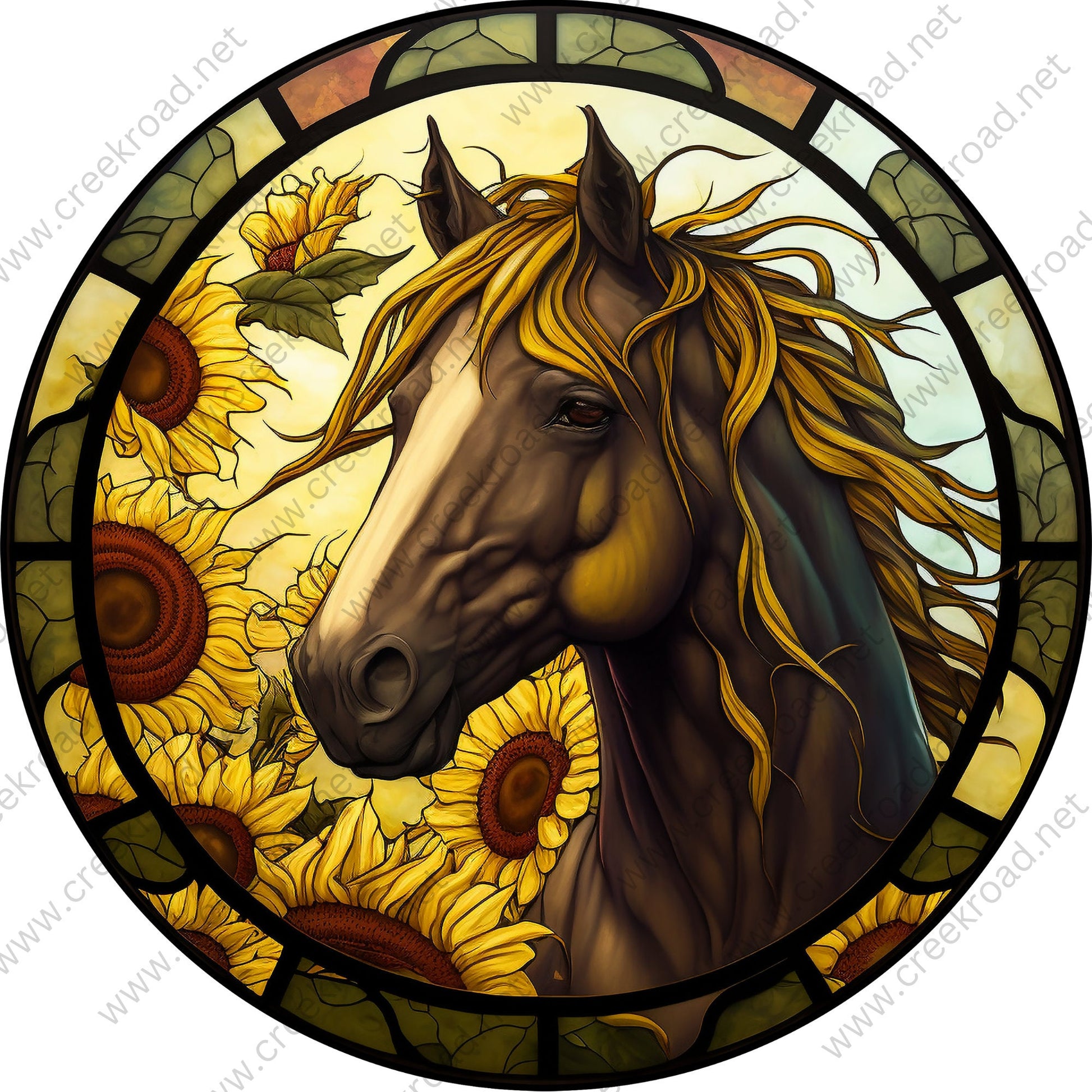 Brown Horse in Sunflowers Faux Stained Glass Wreath Green Yellow-Everyday-Wreath Sign-Sublimation Sign-Wreath Attachment