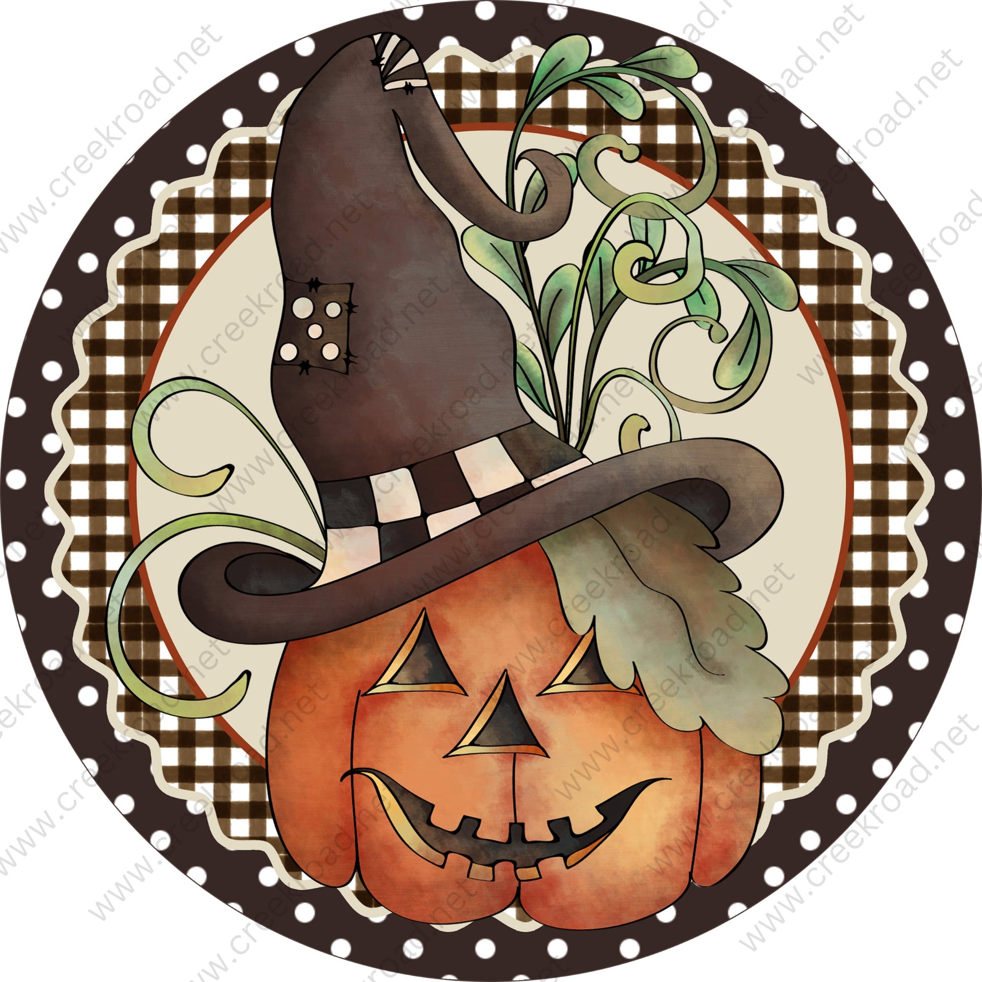 Scarecrow Halloween Pumpkin with Witches Hat on Beige Brown White Polka Dot Halloween Sign -Sublimation - Wreath Sign - Metal Sign