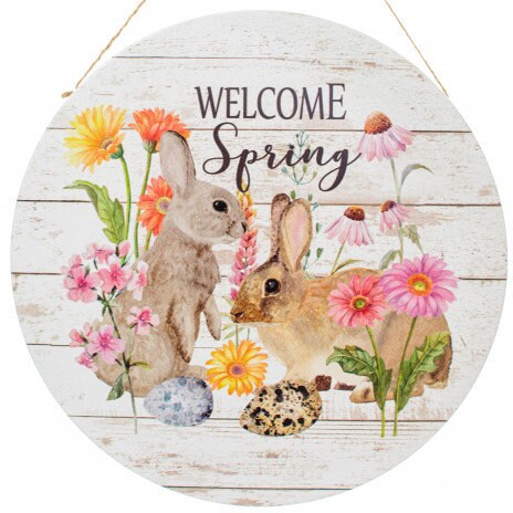 Welcome Spring Bunnies Pink Orange Florals Easter Eggs on Shiplap Background 12" diameter Metal Sign- Wreath Sign-Decor-MD0578