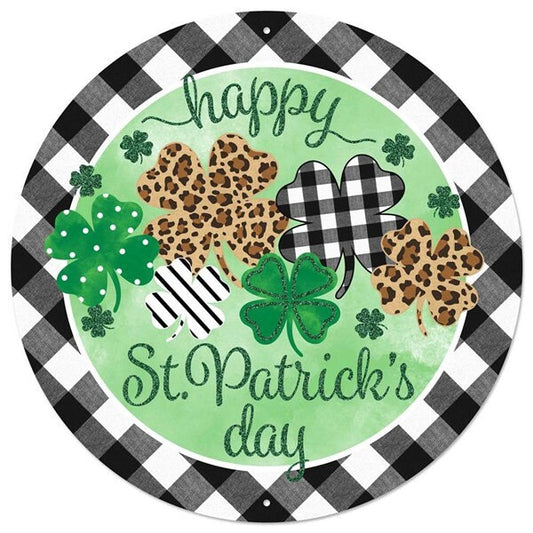 Happy St. Patrick's Day Cheetah print Polka Dot Clover with Gingham Border 12" diameter Metal Sign- Wreath Sign-Decor-MD0778