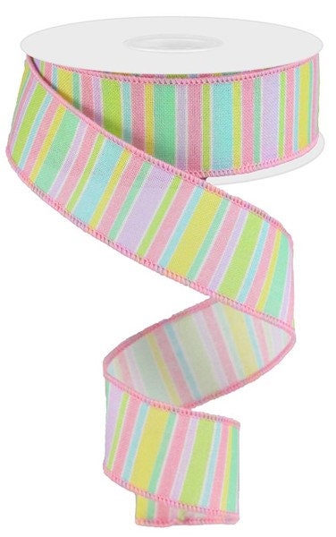 1.5" X 10Yd Wired Ribbon- Horizontal Stripe On Royal Ribbon-RG01831-Pastel Multi Color-Wreaths-Crafts-Royal-Canvas