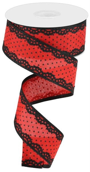 1.5" X 10Yd Wired Ribbon-Raised Swiss Dots W/Lace Ribbon-RG08817MA-Red Black-Wreaths-Crafts-Royal-Burlap