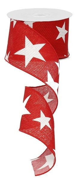 2.5" X 10Yd Wired Ribbon-Large Stars On Cross Royal Ribbon-RG01269W7-Red/White-Wreaths-Crafts-Decor