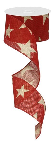 2.5" X 10Yd Wired Ribbon-Large Beige Stars On Cross Royal Ribbon-RG01269C5-Red/Natural-Wreaths-Crafts-Decor Beige