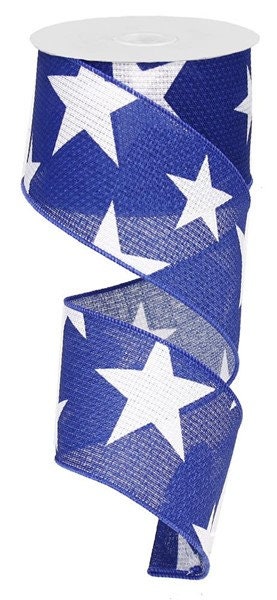 2.5" X 10Yd Wired Ribbon-Large Stars On Cross Royal Ribbon-RG01269CF-Blue/White-Wreaths-Crafts-Decor