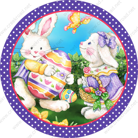 Easter Bunnies on an Egg Hunt Purple White Polka Dot Border Blank Sign-Sublimation-Wreath Sign-Attachment