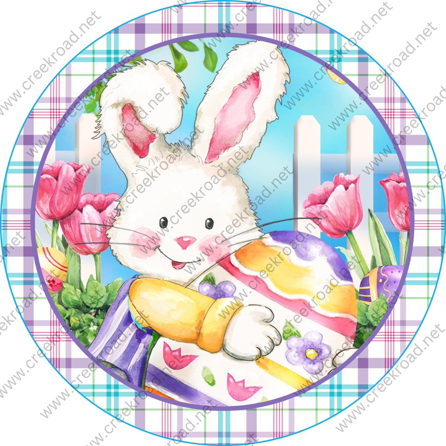 Easter Bunny Holding Egg in Flower Garden with Plaid Border-Sublimation-Wreath Sign-Attachment