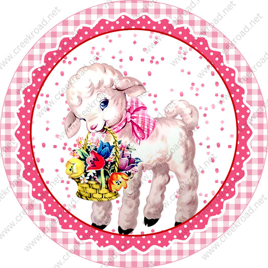 Spring Lamb with Pink Bow Floral Basket in Mouth Pink White Gingham White Polka Dot Background Wreath Sign-Sublimation-Spring-Metal Sign