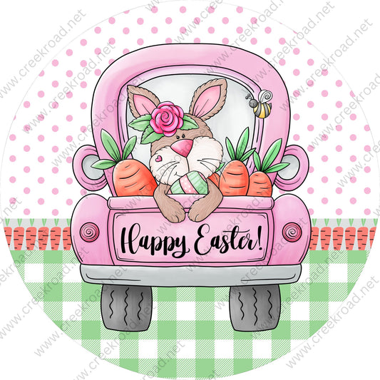 Happy Easter Rabbit in Pink Truck with Carrots Eggs Wreath Sign-Pink Polka Dot Background-Easter-Sublimation-Wreath Sign-Attachment