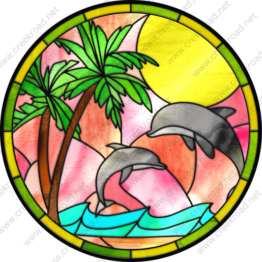 Dolphins Jump At Sunset with Palm Trees Colorful Background Wreath Sign-Everyday-Wreath Sign-Sublimation Sign-Wreath Attachment