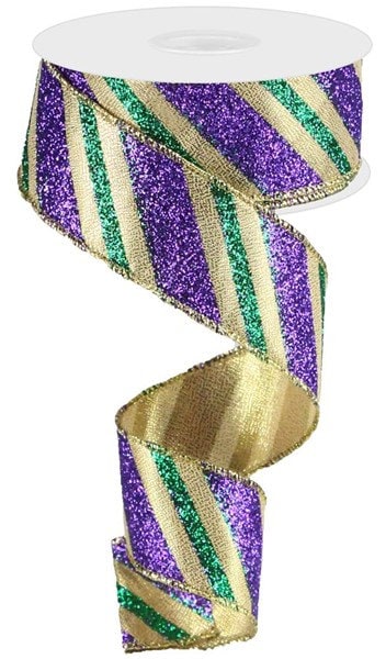 1.5" X 10Yd Wired Ribbon-Diagonal Glitter Stripe Ribbon-RG01768WY-Wreaths-Crafts-Decor-Diamonds Green Purple Gold