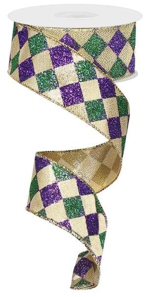 1.5" X 10Yd Wired Ribbon-Glitter Diamond Check Ribbon-RG1929WY-Wreaths-Crafts-Decor-Diamonds Green Purple Gold