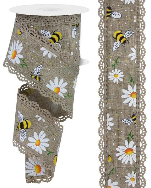 2.5" X 10Yd Wired Ribbon-Bumble Bee Daisy Lace Ribbon-RGA846201-Beige White Yellow Green Orange Black-Wreaths-Crafts-Decor