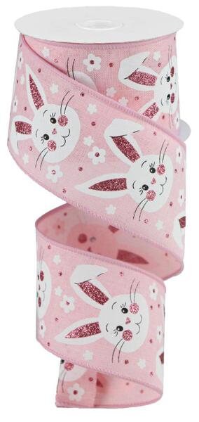 2.5" X 10Yd Wired Ribbon-Bunny Faces with Glitter on Royal Ribbon-RGA154015-Pale Pink Light Pink White Black-Wreaths-Crafts-Decor