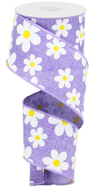 2.5" X 10Yd Wired Ribbon-Flower Daisy Print on Royal Ribbon-RG0193513-Lavender White Yellow-Wreaths-Crafts-Decor