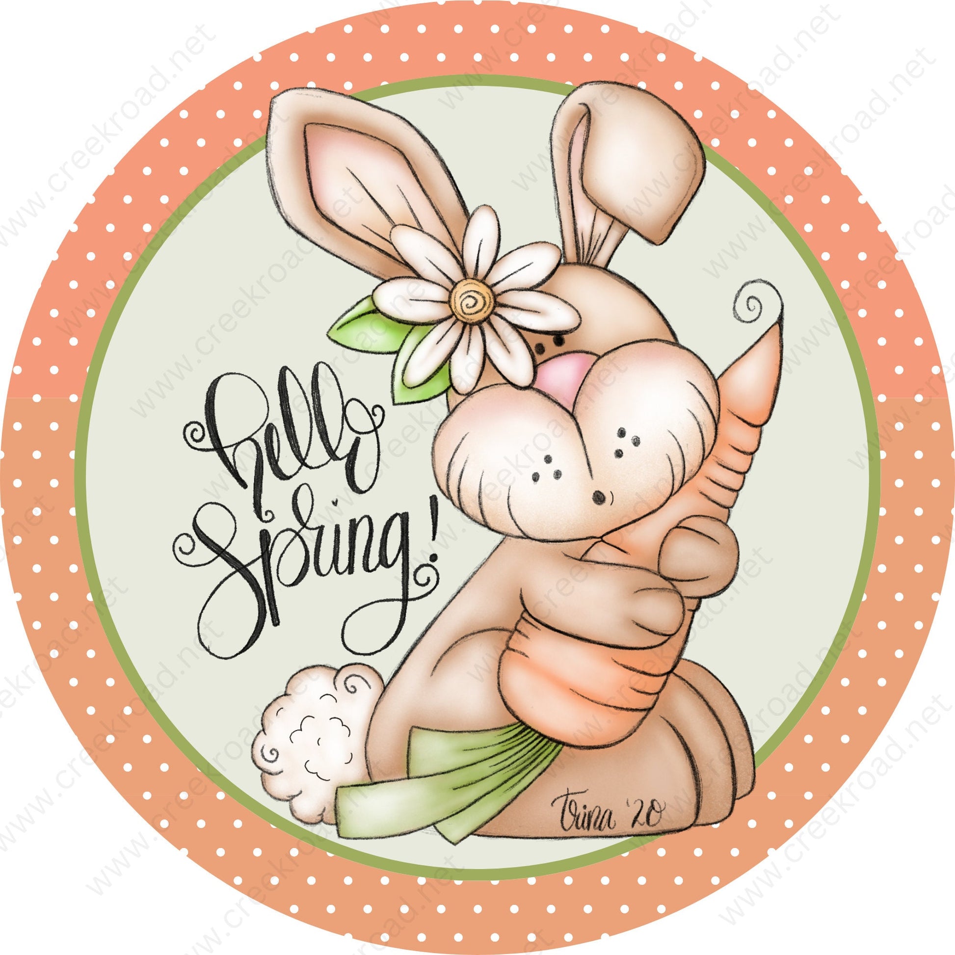 Hello Spring Easter Bunny Holding Carrot with Polka Dot Border- 2 OPTIONS AVAILABLE-Easter-Decor-Sublimation-Wreath Sign-Attachment-Spring