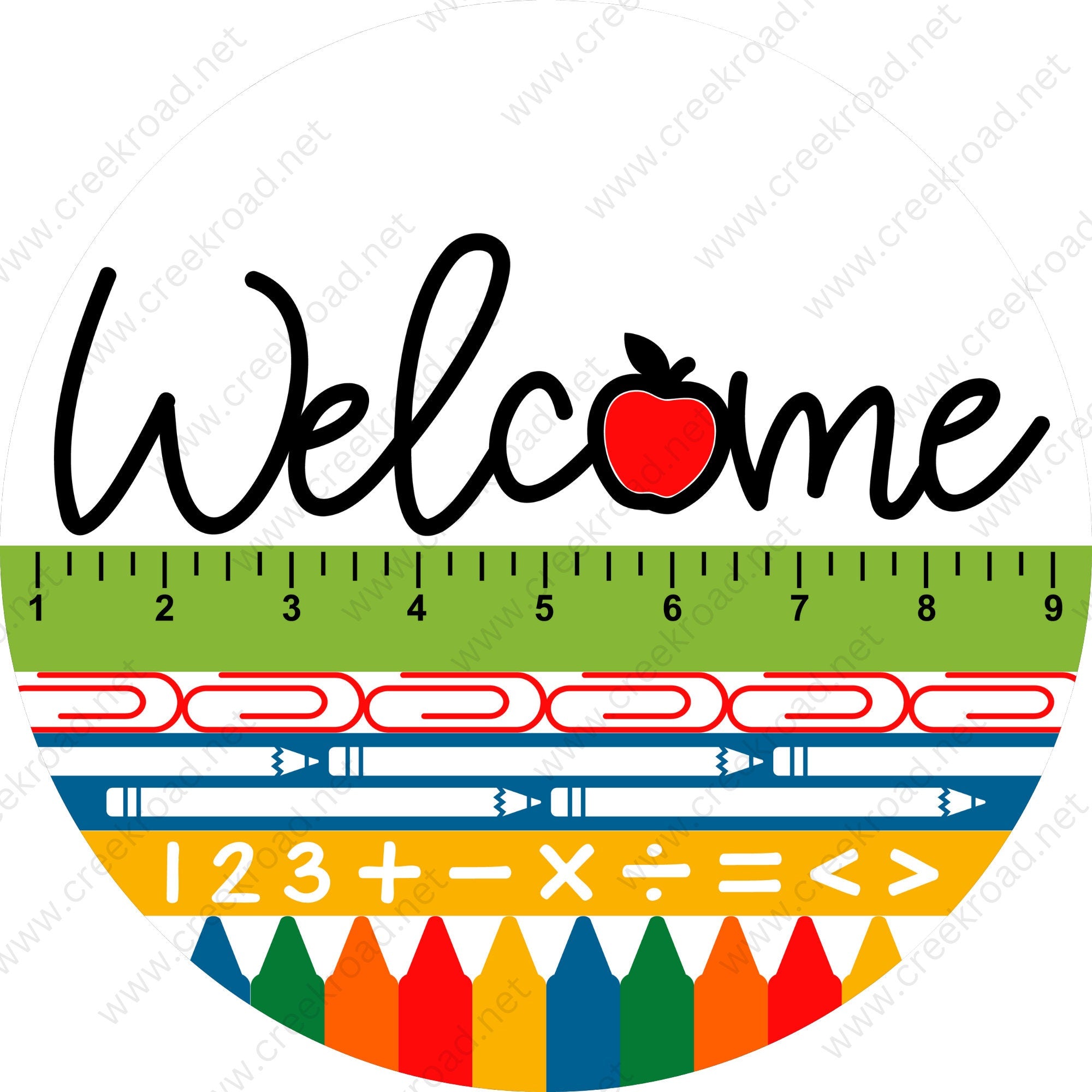 Welcom Ruler Welcome Teacher's Classroom with Ruler Crayons Red Apple Wreath Sign-O ...