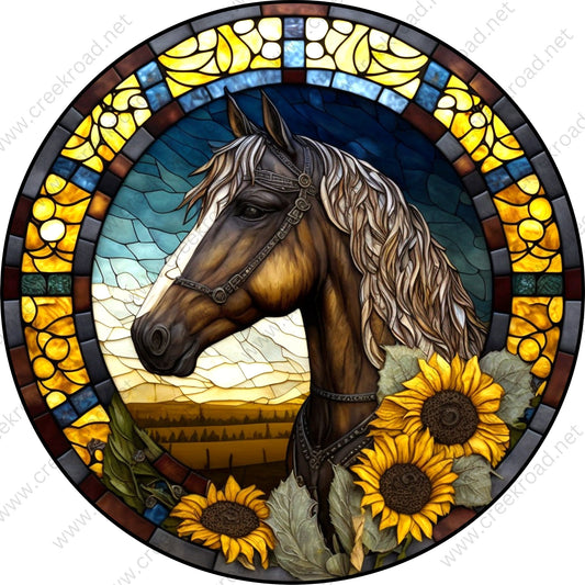 Brown Horse on the Plains Sunflower Border Faux Stained Glass Wreath Sign-Yellow Brown-Everyday-Wreath Sign-Sublimation Sign-Attachment