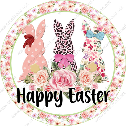 Happy Easter Bunnies Pink Leopard Floral Silhouettes with Floral Border White Background-Easter-Sublimation-Wreath Sign-Attachment-Decor