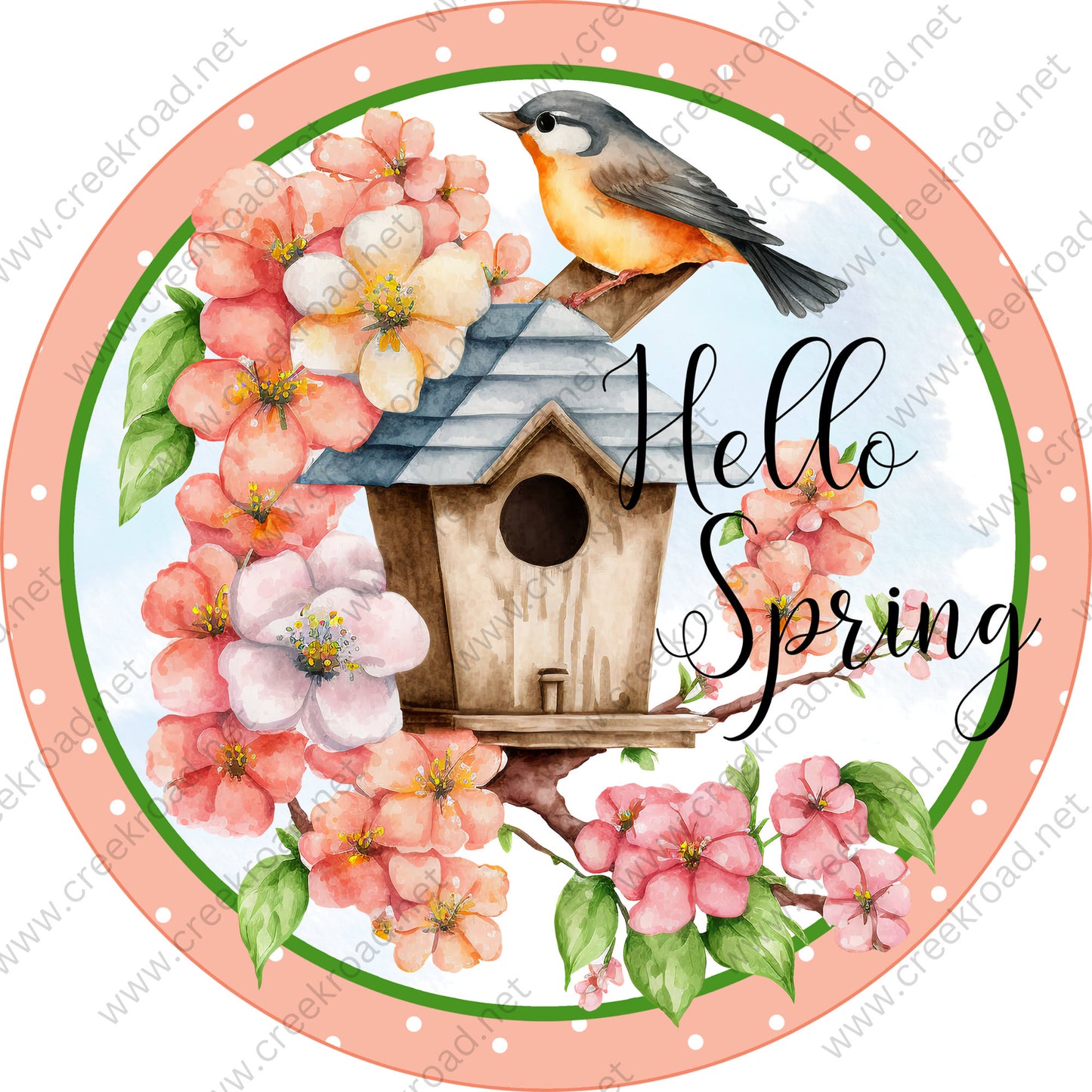 Hello Spring Bird on Birdhouse with Peach Pink Flowers-Peach White Polka Dot Border Wreath Sign-PICK YOUR FINISH-Spring-Decor